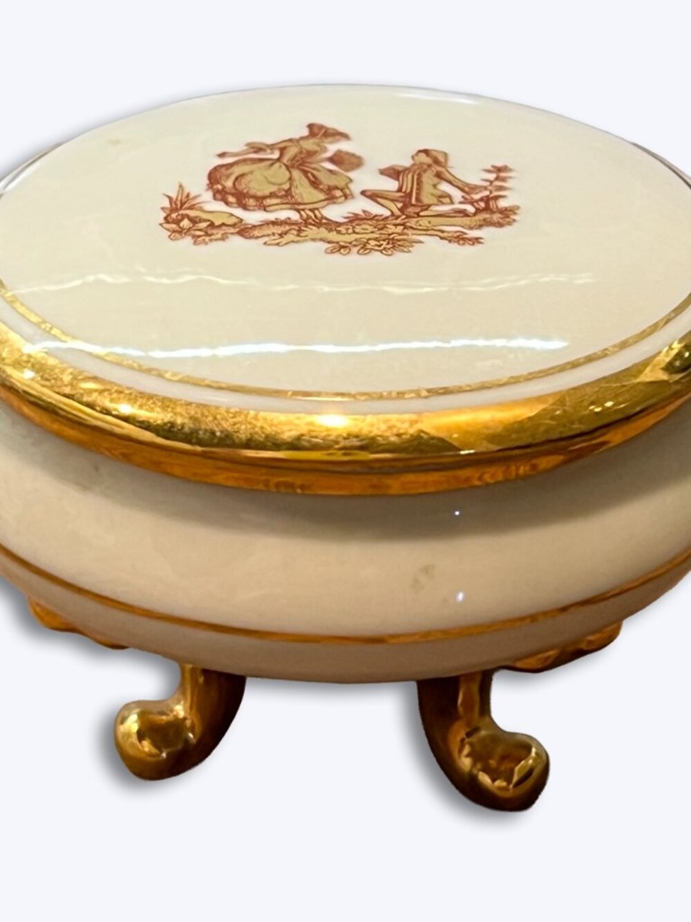 Limoges France Porcelain Footed Trinket Box Courting Couple Gold Jewelry Dish